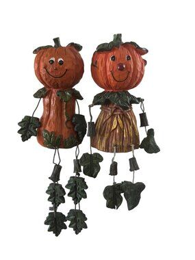vintage Pumpkin Shelf Sitter Figurines Pair 4" Tall Fall Decor